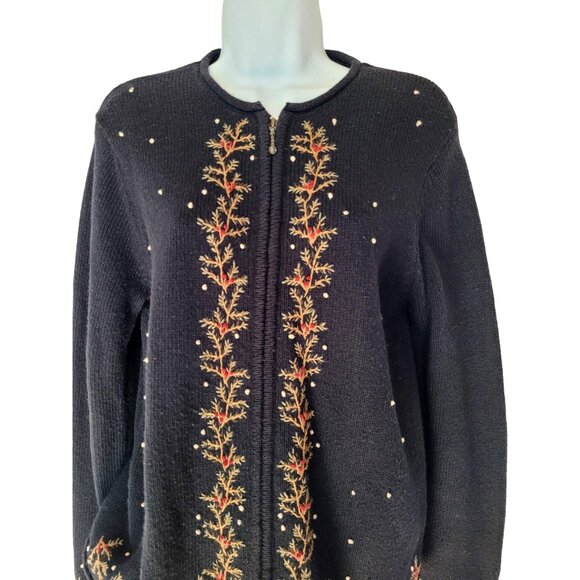 Croft & Barrow Cardigan Sweater S Womens Embroidered Black Full Zip Ramie Acryli - Picture 2 of 12